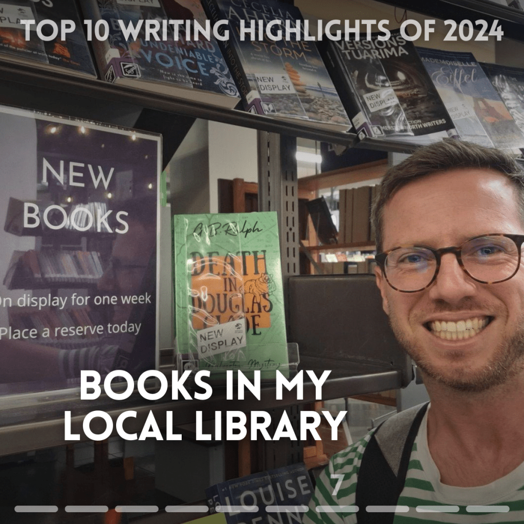 Top 10 writing highlights of 2024. Books in my local library. Author G B Ralph taking a selfie with his book, Death in Douglas Glade, on the Palmerston North City Library's New Display shelves.
