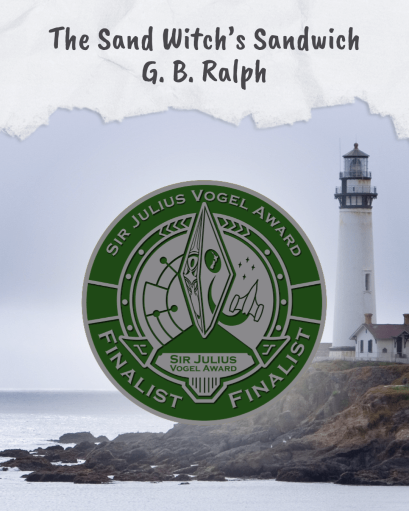 The Sand Witch's Sandwich by G. B. Ralph. Sir Julius Vogel Award Finalist medallion in the foreground. Lighthouse on a rocky outcrop in the background.