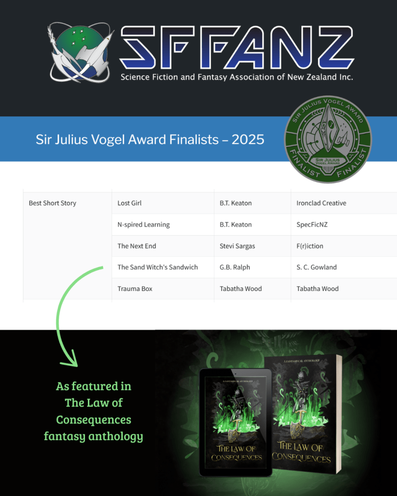 Science Fiction and Fantasy Association of New Zealand (SFFANZ). Sir Julius Vogel Award Finalists 2025. List including "The Sand Witch's Sandwich" by G. B. Ralph. Arrow pointing to test reading "As featured in The Law of Consequences fantasy anthology".