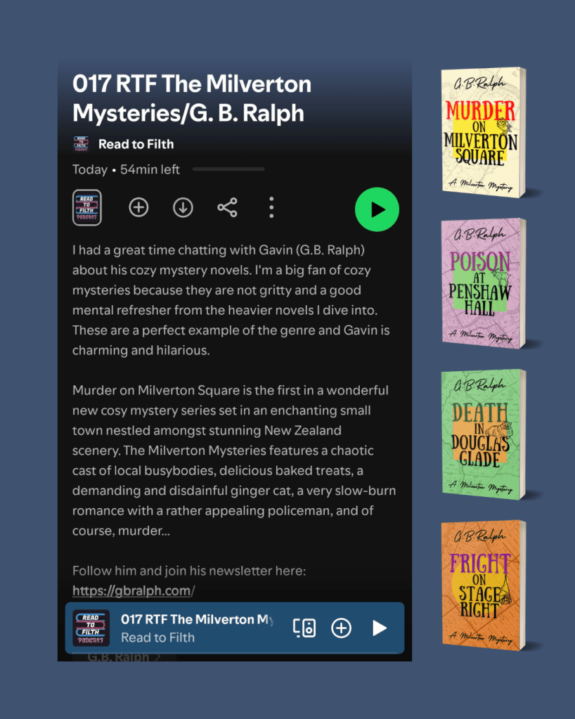 Read to Filth podcast. Spotify screenshot showing details of episode 17 with The Milverton Mysteries by G. B. Ralph.