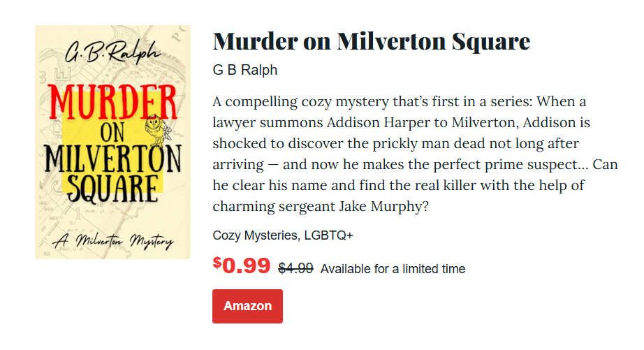 Murder on Milverton Square by G. B. Ralph. Book listing on BookBub website.
