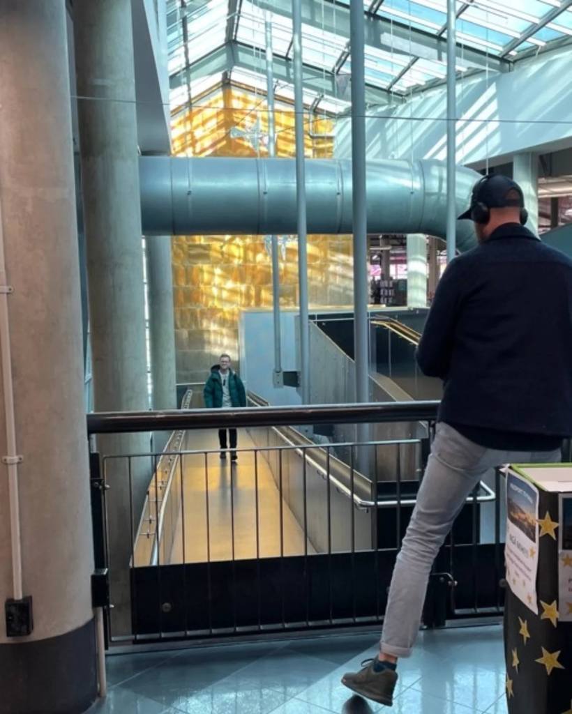 Being filmed walking up a ramp