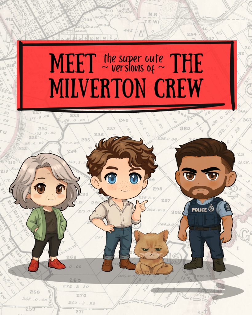 Meet (the super cute versions of) the Milverton crew. Cute illustrated character art of characters from The Milverton Mysteries: Addison Harper, Sergeant Jake Murphy, Mabel Zhou, and Keith the cat.