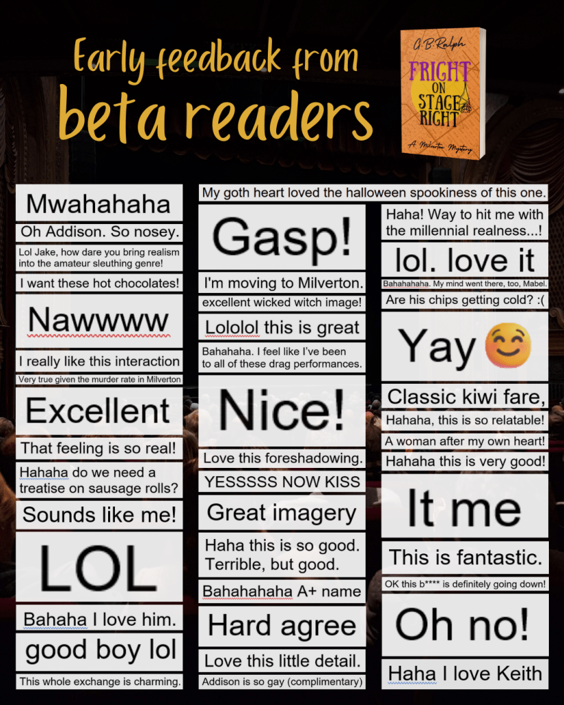 Early feedback from beta readers. Fright on Stage Right. A selection of text snippets.
