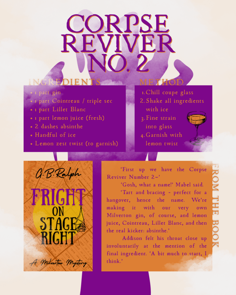 Corpse Reviver No 2 cocktail recipe with ingredients, method, and a book excerpt from where the cocktail appears in Fright on Stage Right by G. B. Ralph.