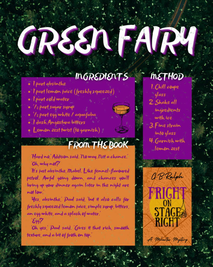 Green Fairy cocktail recipe with ingredients, method, and a book excerpt from where the cocktail appears in Fright on Stage Right by G. B. Ralph.