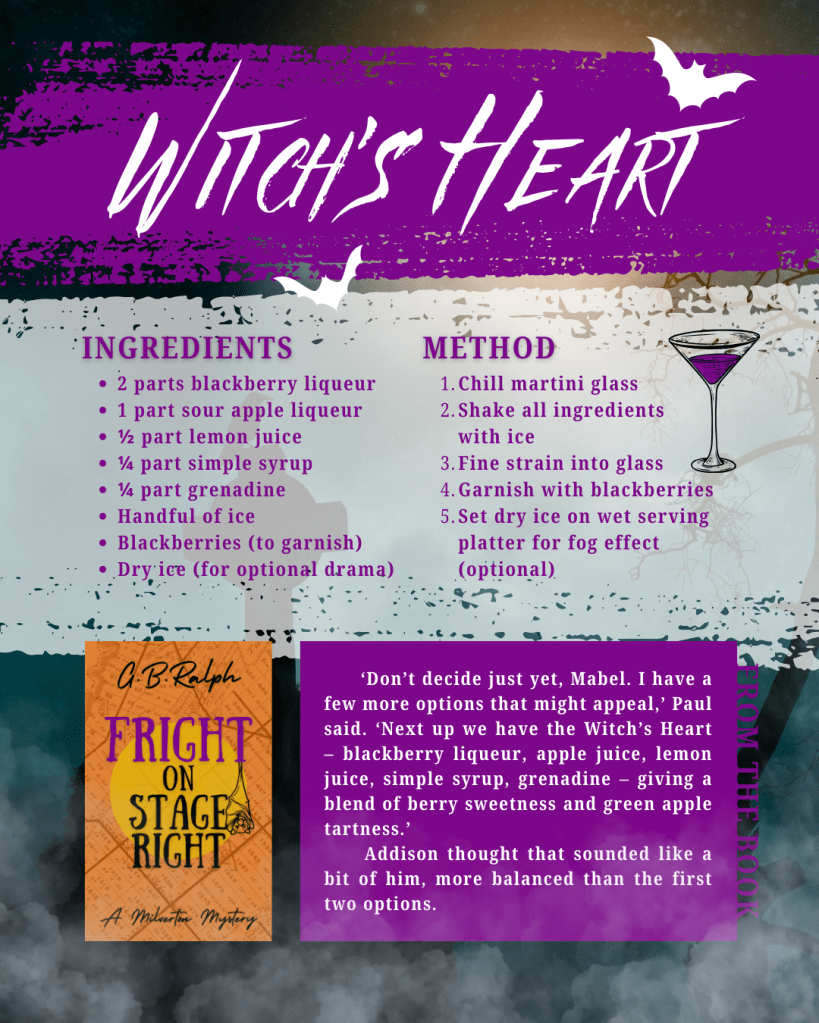 Witch's Heart cocktail recipe with ingredients, method, and a book excerpt from where the cocktail appears in Fright on Stage Right by G. B. Ralph.