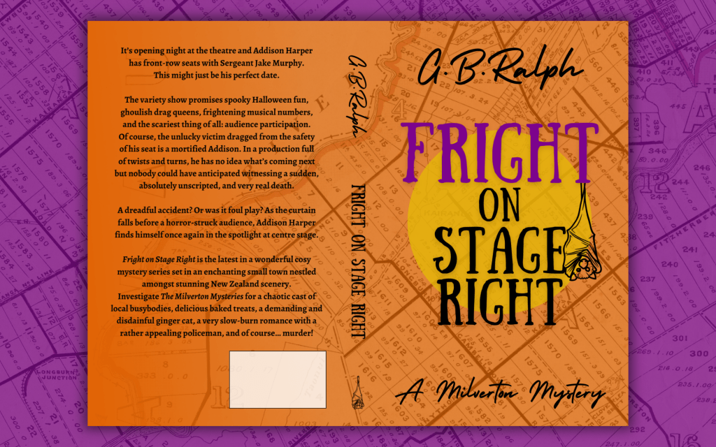 Paperback book back cover copy,  spine, and front cover design for Fright on Stage Right by G. B. Ralph.