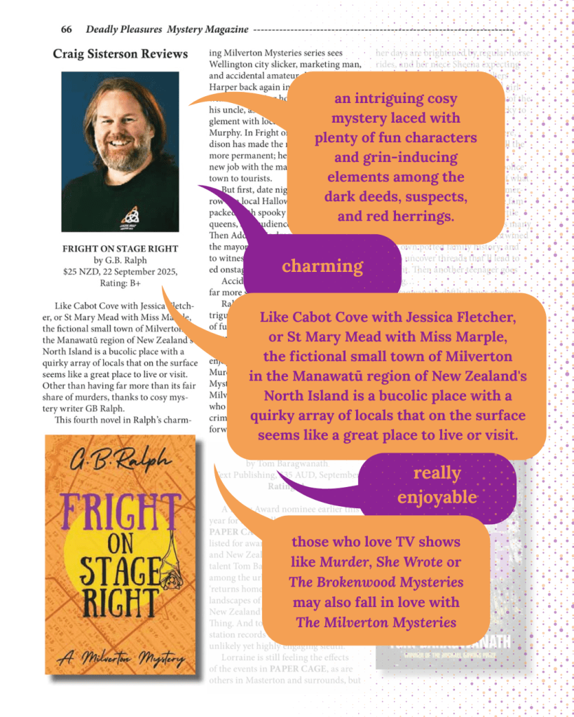 Review of Fright on Stage Right by G. B. Ralph. Speech bubbles with selected excerpts.