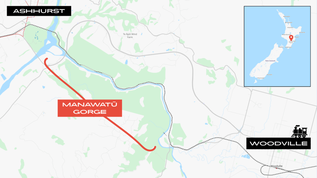 Map showing the Manawatū Gorge with the railway line running alongside the Manawatū River between Woodville and Ashhurst