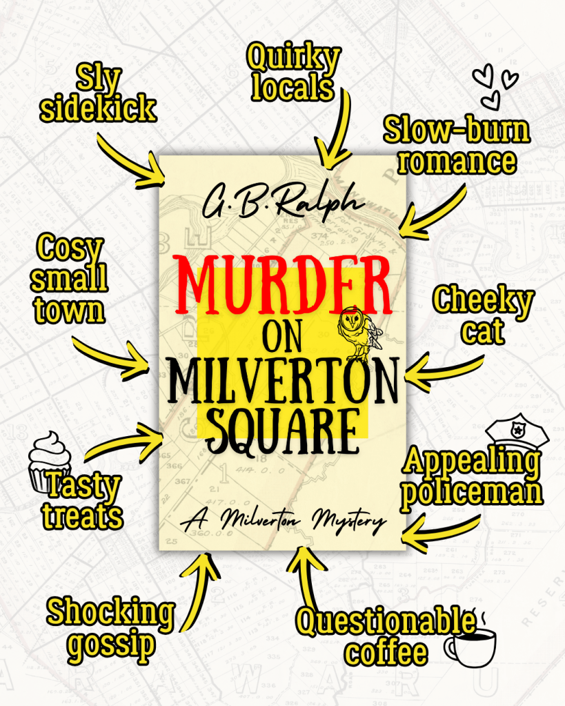 Book cover of Murder on Milverton Square by G B Ralph surrounded by arrows and words: sly sidekick, quirky locals, slow-burn romance, cheeky cat, appealing policeman, questionable coffee, shocking gossip, tasty treats, cosy small town.