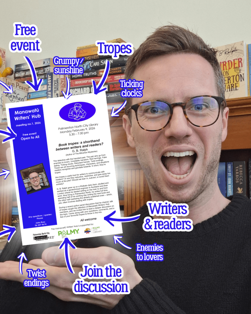 Author G. B. Ralph gesturing to a poster surrounded by word arrows including: event, grumpy-sunshine, tropes, ticking clocks, writers, readers, enemies to lovers, join the discussion, twist endings.
